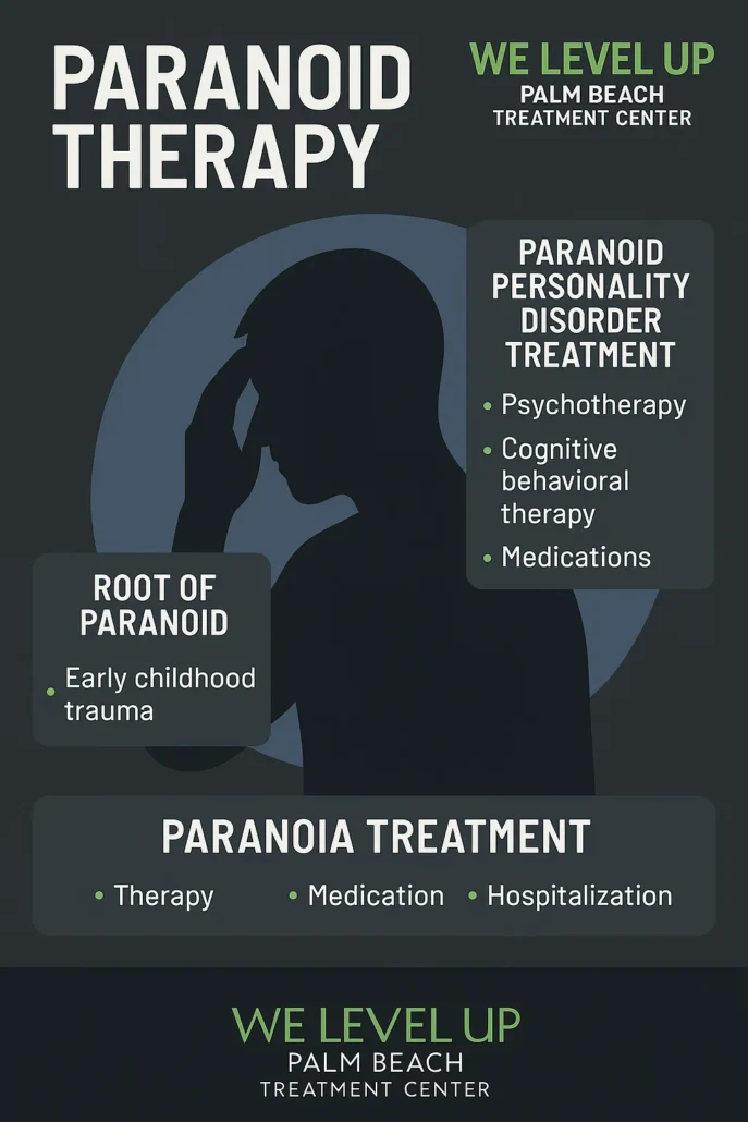 Infographic for paranoid therapy, the root of paranoid, paranoid personality disorder treatment, with paranoia treatment options.